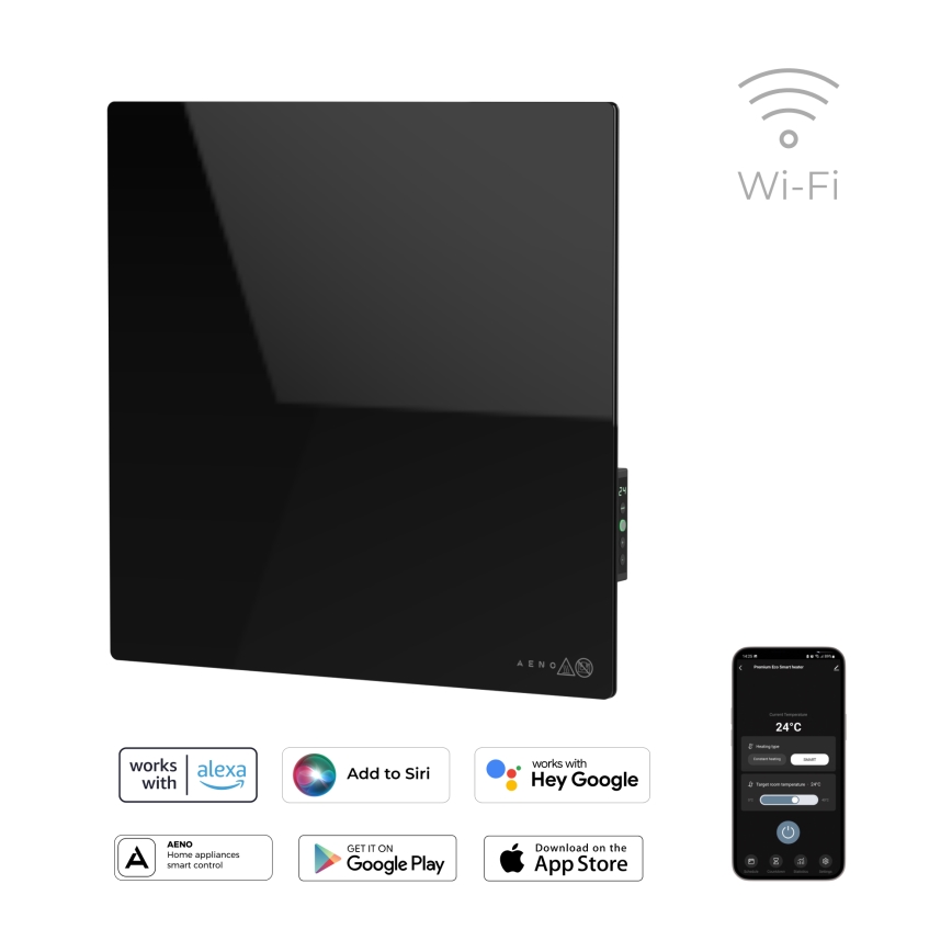 AENO - Умная электрическая инфракрасная панель 500 Вт таймер/термостат Wi-Fi чёрная