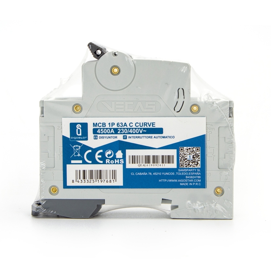 Aigostar - Автоматичний вимикач 1-фазний 1P-63A-C 230-400V