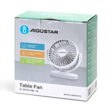 Aigostar - Акумуляторний настільний вентилятор 4W/5V 1500mAh білий