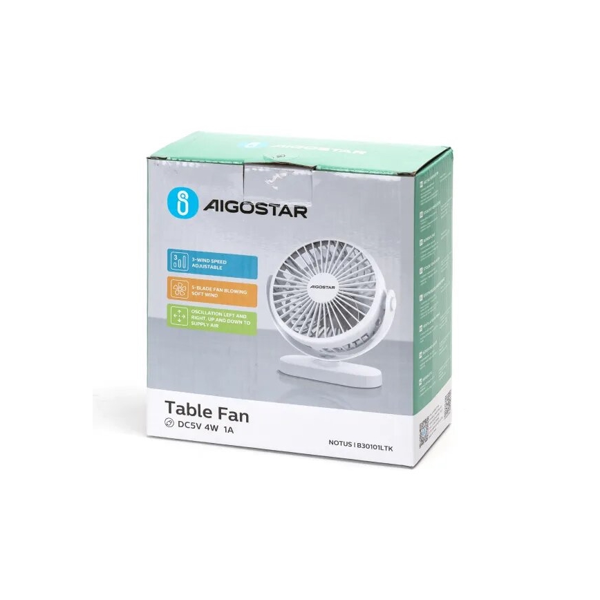 Aigostar - Акумуляторний настільний вентилятор 4W/5V 1500mAh білий