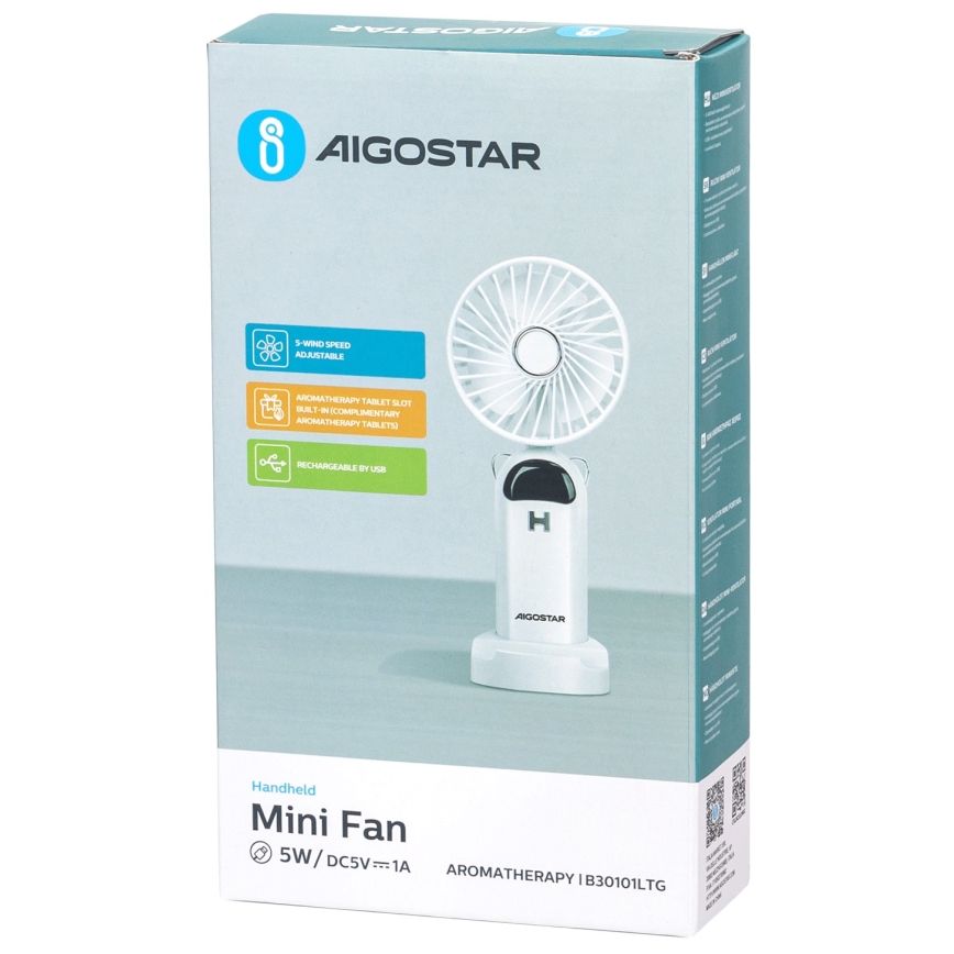 Aigostar - Акумуляторний ручний вентилятор 4W/5V 1200mAh білий