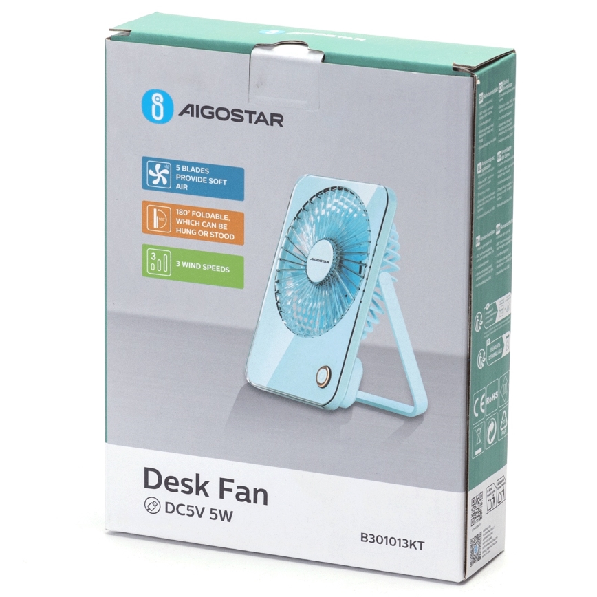 Aigostar - Аккумуляторный настольный вентилятор 5W/5V 3600mAh USB синий