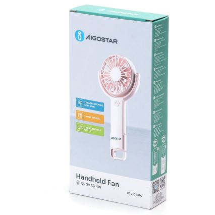 Aigostar - Аккумуляторный карманный вентилятор 4,5W/3,7V 1200mAh USB розовый
