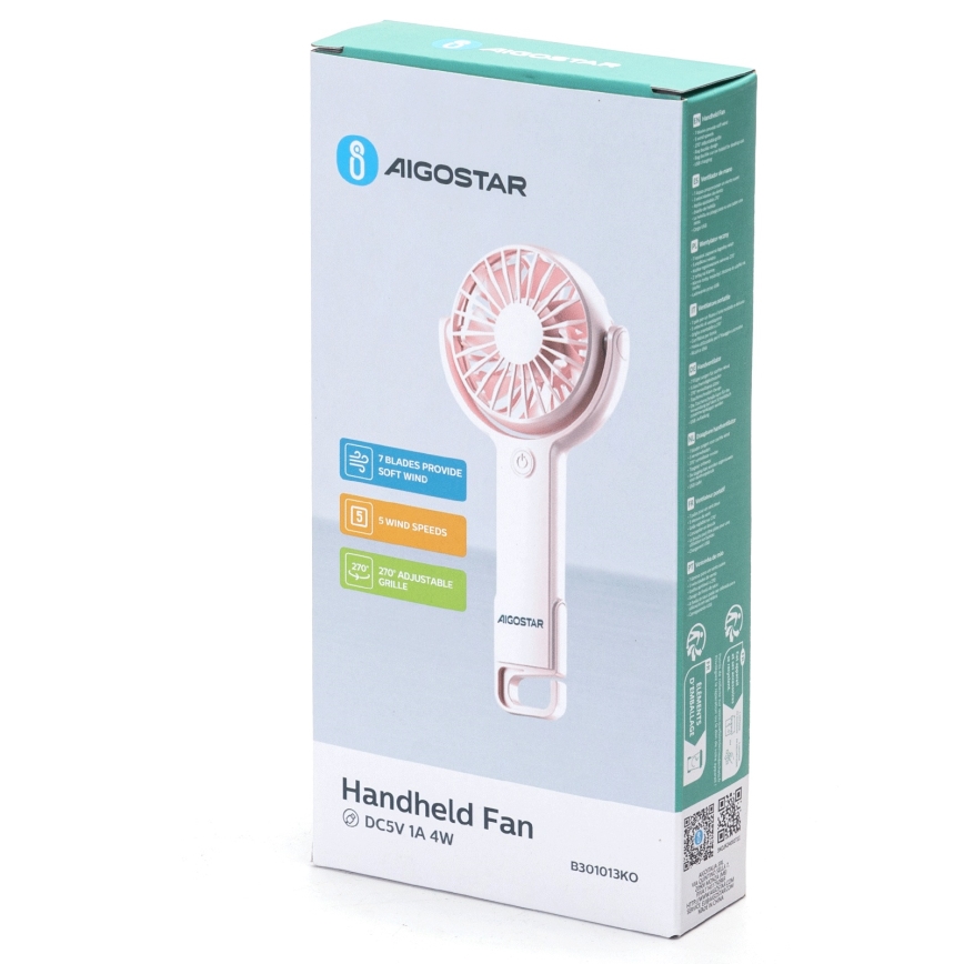 Aigostar - Аккумуляторный карманный вентилятор 4,5W/3,7V 1200mAh USB розовый