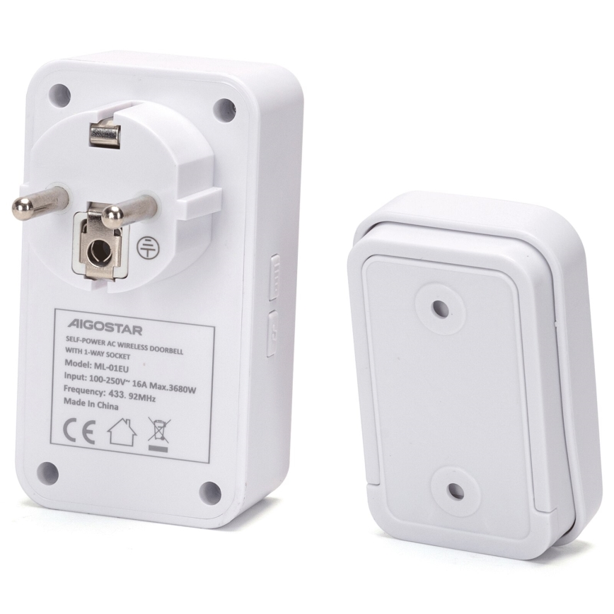 Aigostar - Беспроводной дверной звонок в розетку 1Z 230V IPX4 белый