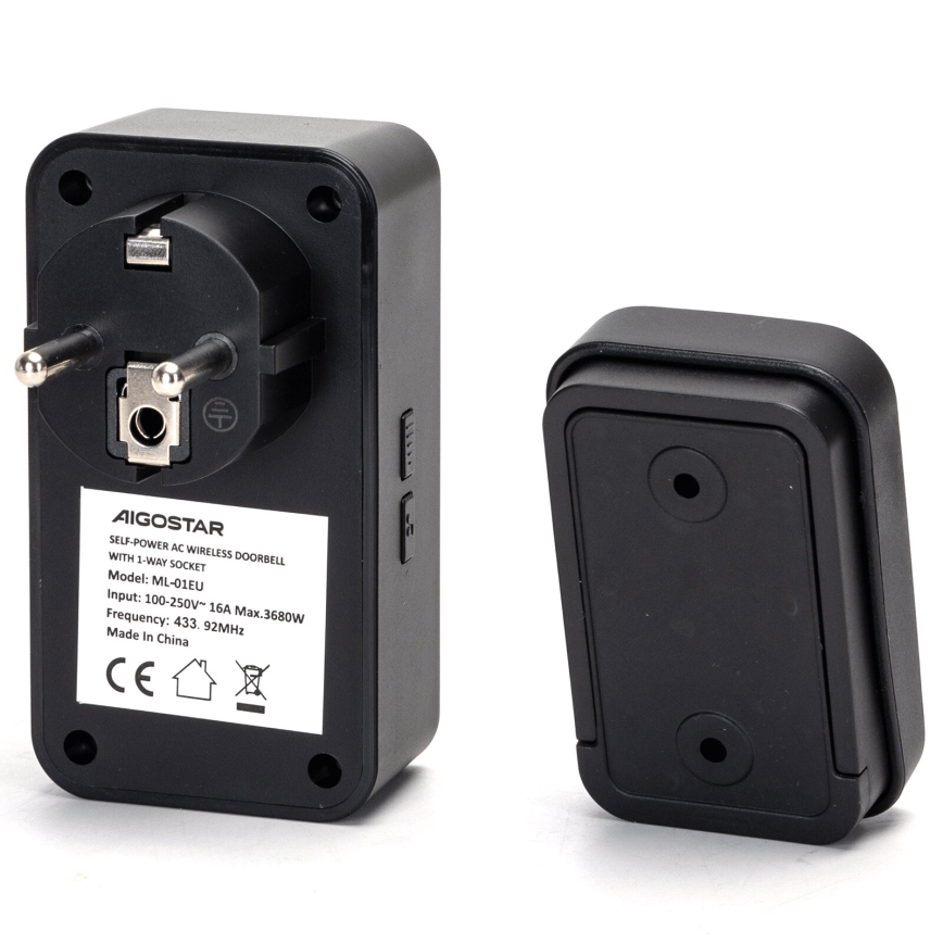 Aigostar - Беспроводной дверной звонок в розетку 1Z 230V IPX4 черный