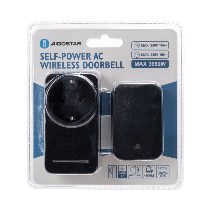 Aigostar - Беспроводной дверной звонок в розетку 1Z 230V IPX4 черный