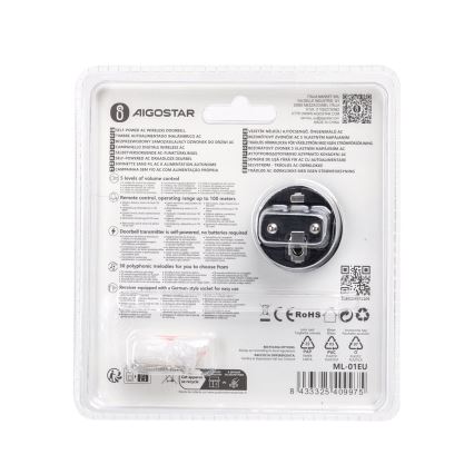 Aigostar - Беспроводной дверной звонок в розетку 1Z 230V IPX4 черный