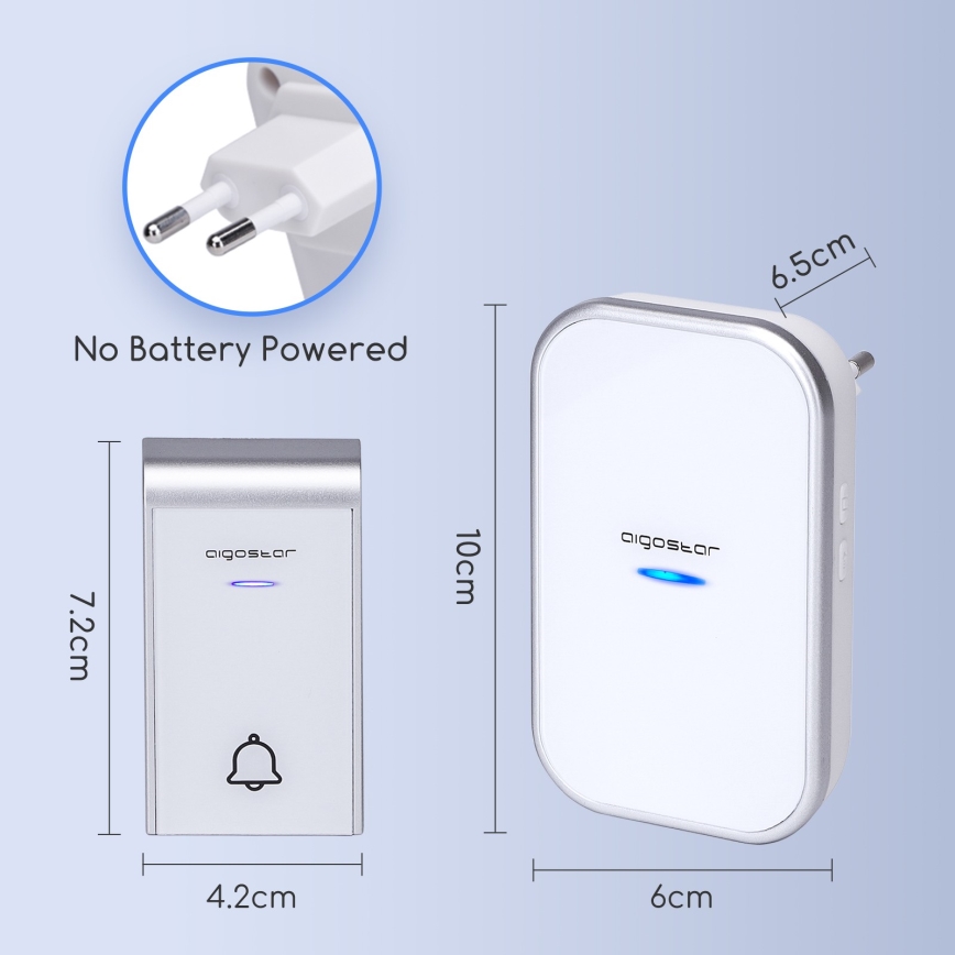 Aigostar - Бездротовий дверний дзвінок для розетки 230 В/12 В IP44 білий