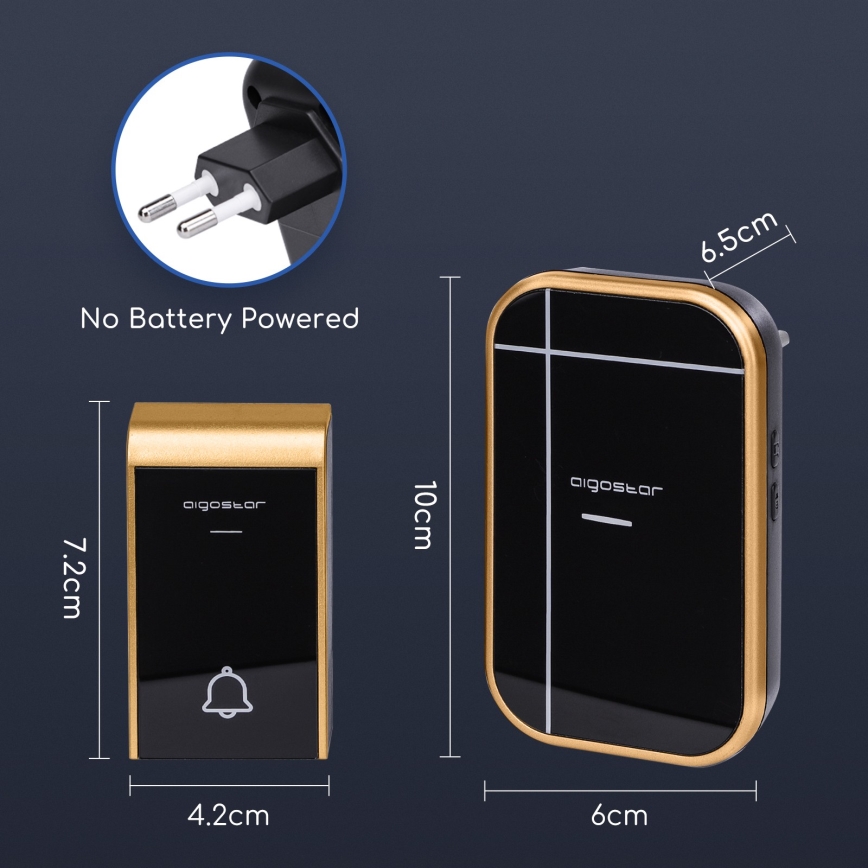 Aigostar - Бездротовий дверний дзвінок в розетку 230V/12V IP44 чорний