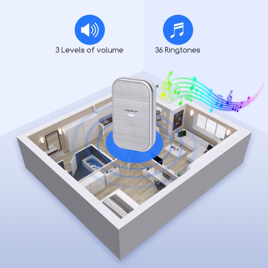 Aigostar - Бездротовий дзвінок для розетки 230V/12V IP44 сріблястий