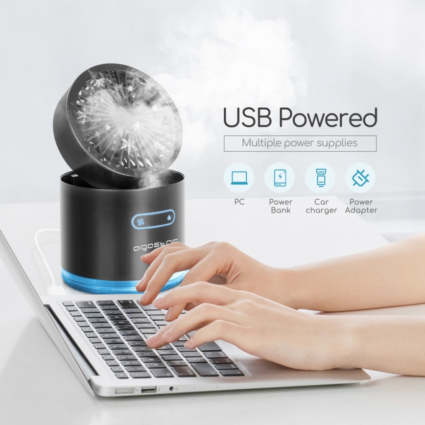 Aigostar - RGB Бездротовий міні-вентилятор настільний з ефектом туману MIST 10W/5V чорний