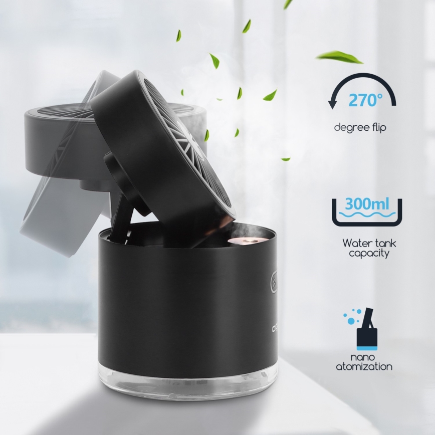 Aigostar - RGB Бездротовий міні-вентилятор настільний з ефектом туману MIST 10W/5V чорний
