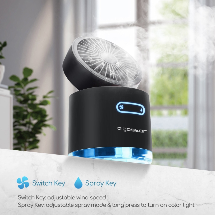 Aigostar - RGB Бездротовий настільний міні-вентилятор з ефектом туману MIST 10W/5V 2000mAh чорний