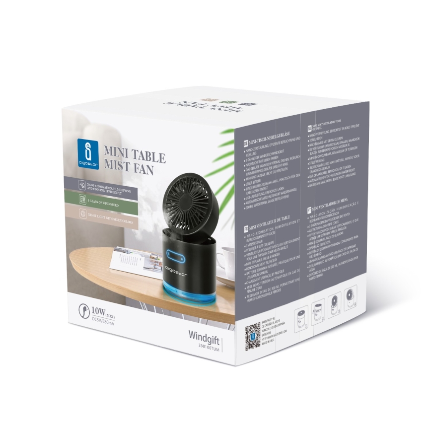 Aigostar - RGB Бездротовий настільний міні-вентилятор з ефектом туману MIST 10W/5V 2000mAh чорний