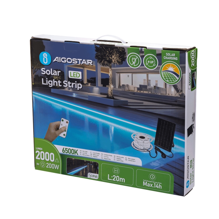 Aigostar - Солнечная диммируемая LED-лента 20W/3,2V 20 m 6500K IP65 + пульт ДУ