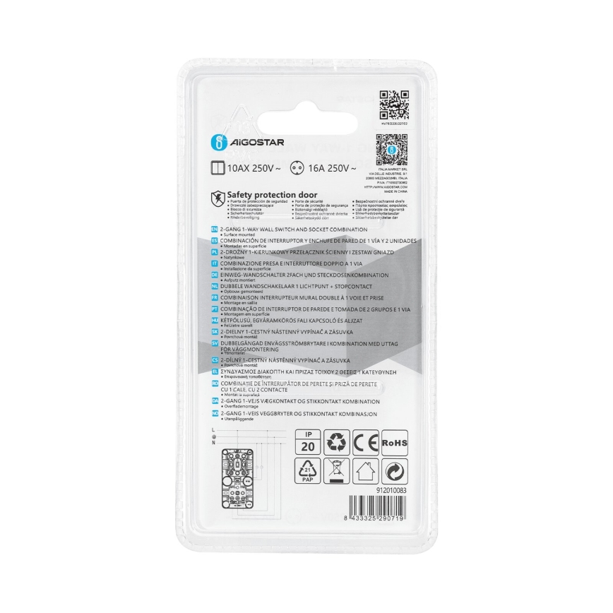 Aigostar - Домашний выключатель 2P с розеткой 1x10A/250V