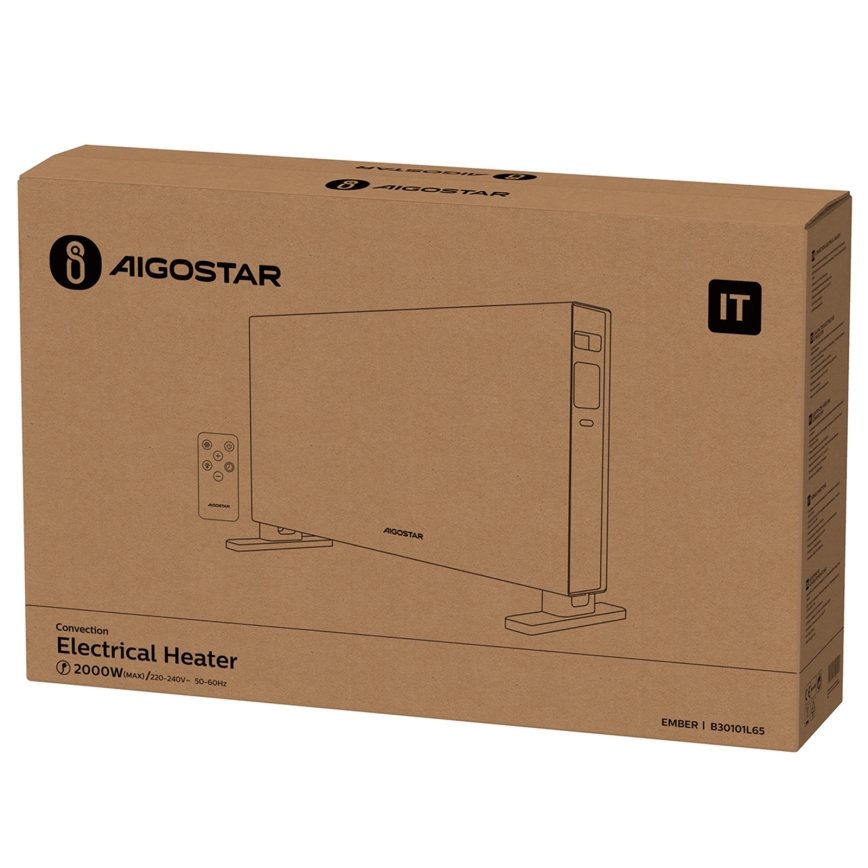 Aigostar - Электрический обогреватель/конвектор с ЖК-дисплеем ECO/1250/2000W/230V + пульт дистанционного управления