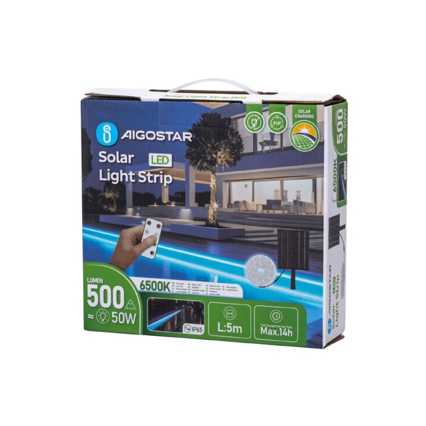 Aigostar - LED Cтрічка на сонячній батареї з регулюванням яскравості LED/5W/3,2V 5 м 6500K IP65 4000 mAh + пульт дистанційного керування