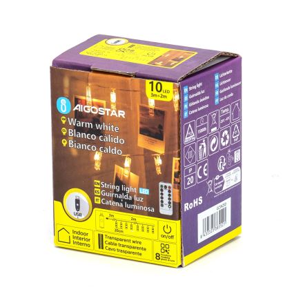 Aigostar - LED декоративна гірлянда 10xLED/5W/USB 5 м тепла біла