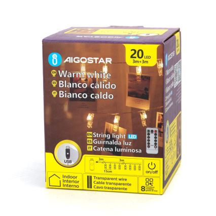 Aigostar - LED декоративна гірлянда 20xLED/5W/USB 6 м тепле біле світло