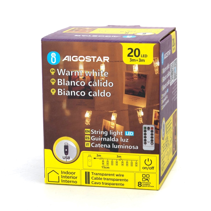 Aigostar - LED декоративная гирлянда 20xLED/5 Вт/USB 6 м тёплый белый