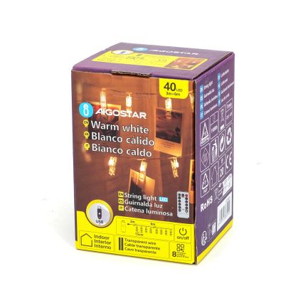 Aigostar - LED декоративная гирлянда 40xLED/5W/USB 9 м тёплый белый