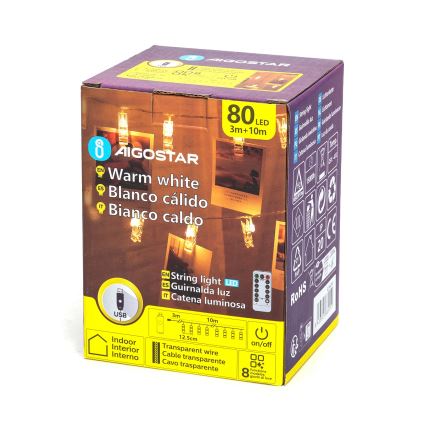 Aigostar - LED декоративная гирлянда 80xLED/5W/USB 13 m тёплый белый