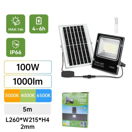 Aigostar - диммируемый LED солнечный прожектор LED/100W/3,2V 2000mAh 3000K/4000K/6500K IP66 + пульт дистанционного управления