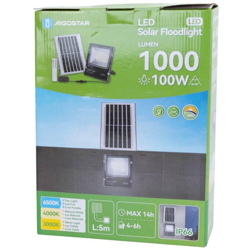 Aigostar - диммируемый LED солнечный прожектор LED/100W/3,2V 2000mAh 3000K/4000K/6500K IP66 + пульт дистанционного управления