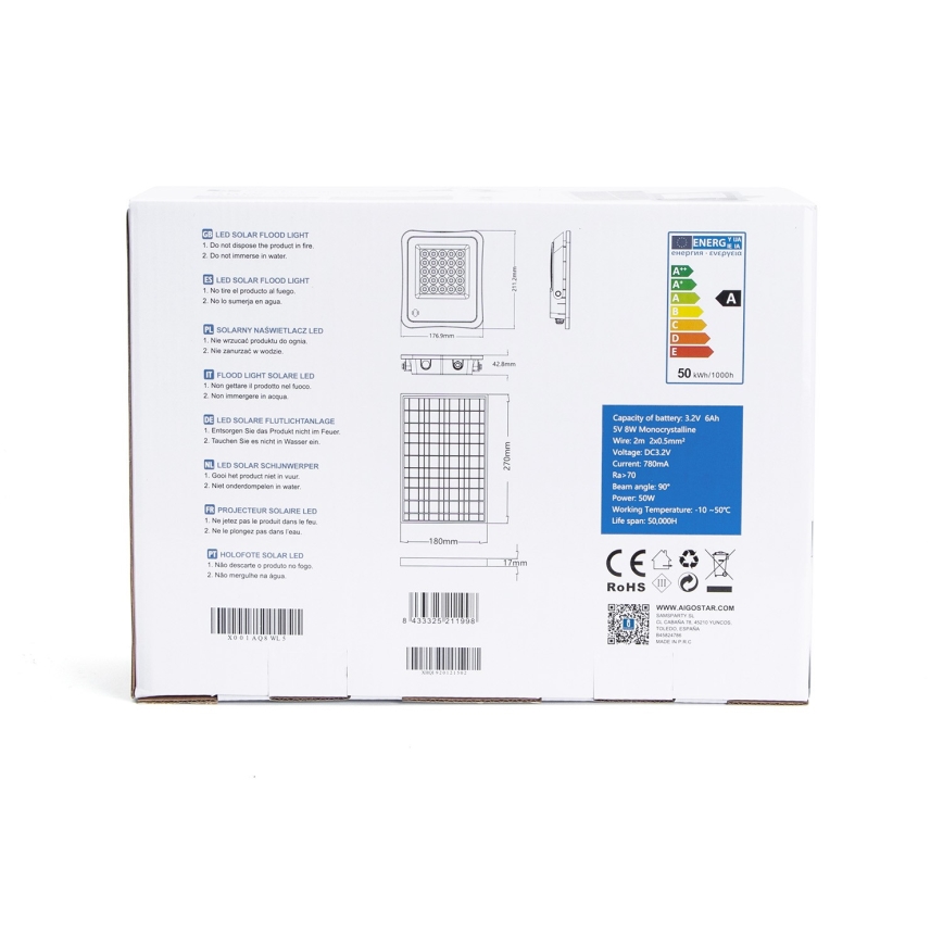 Aigostar - Світлодіодний затемнюваний сонячний прожектор LED/50W/3,2V IP65 6000 mAh + пульт дистанційного керування