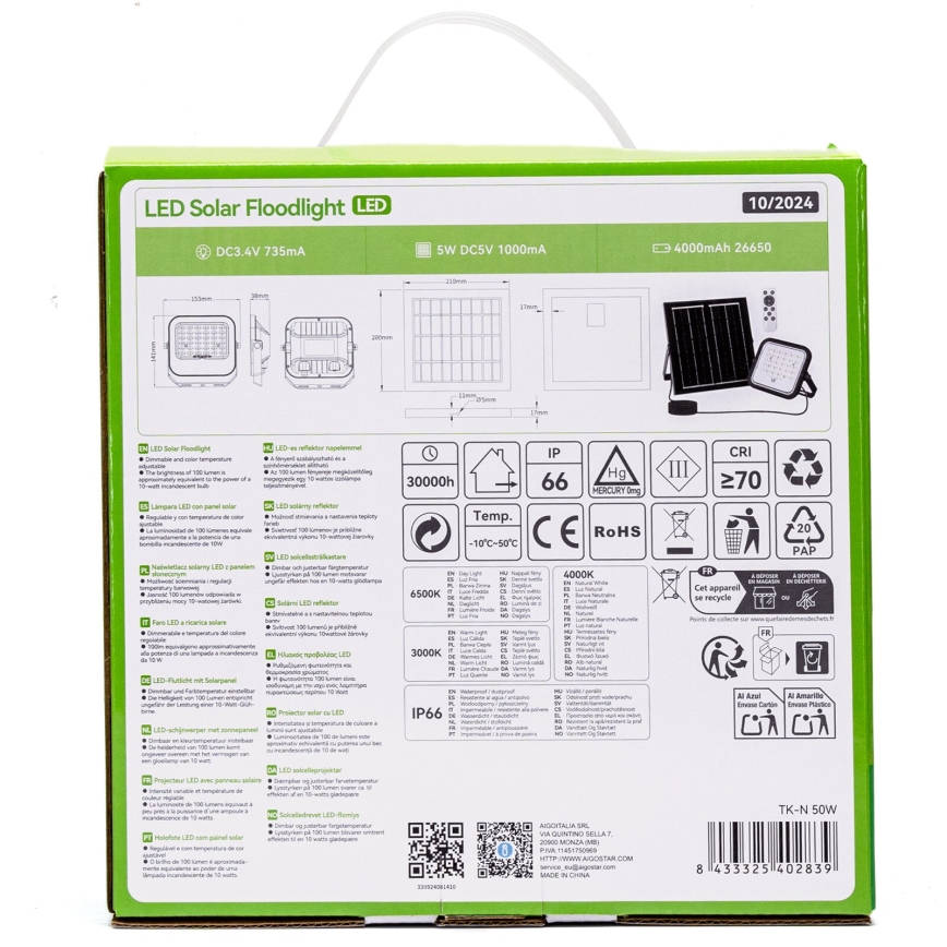 Aigostar - Світлодіодний регульований сонячний прожектор LED/50W/3,4V 3000/4000/6500K IP66 4000 mAh + дистанційне керування