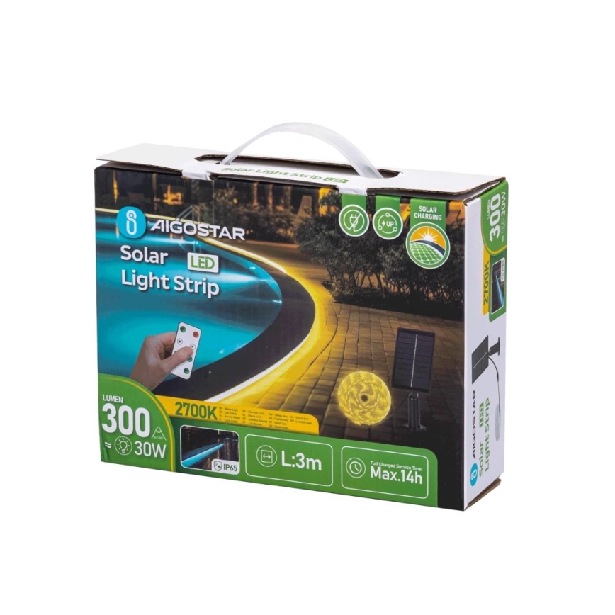 Aigostar - Регульована світлодіодна сонячна стрічка LED/1,6W/3,2V 3 м 2700K IP65 1800 мАг + дистанційне керування