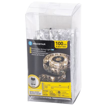Aigostar - светодиодная рождественская гирлянда, 100 светодиодов, питание 3×AA, длина 10 м, тёплый белый, серебристая