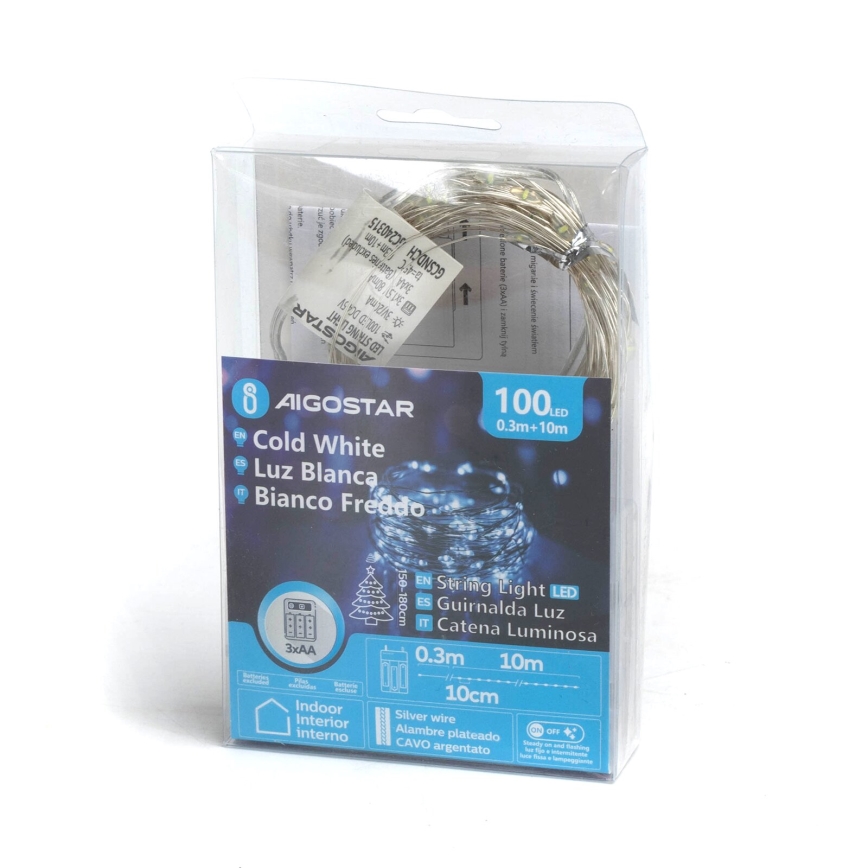 Aigostar - LED-гирлянда 100 світлодіодів/3xAA 10,3 м холодне біле світло