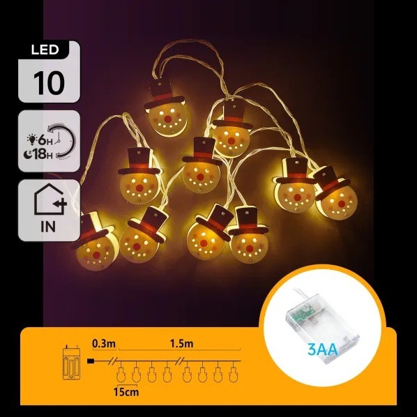 Aigostar - LED-гирлянда 10xLED/3xAA, 1,5 м, тепле біле світло, у вигляді сніговика