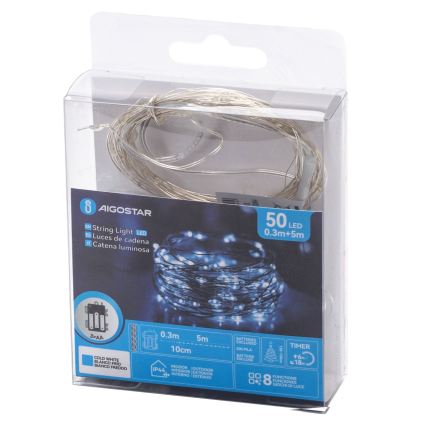 Aigostar - зовнішня LED гірлянда 50xLED/3xAA IP44 5,3 m холодний білий