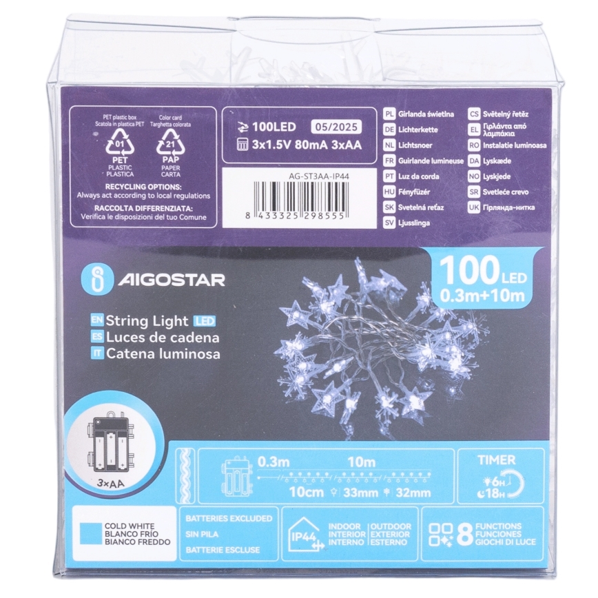 Aigostar - уличная LED-гирлянда 100xLED/8 функций 3xAA 10 m IP44 холодный белый