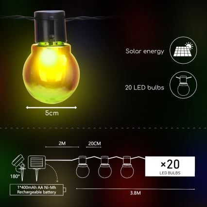 Aigostar - LED гірлянда на сонячній батареї 20xLED/5,8м IP44 кольоровий