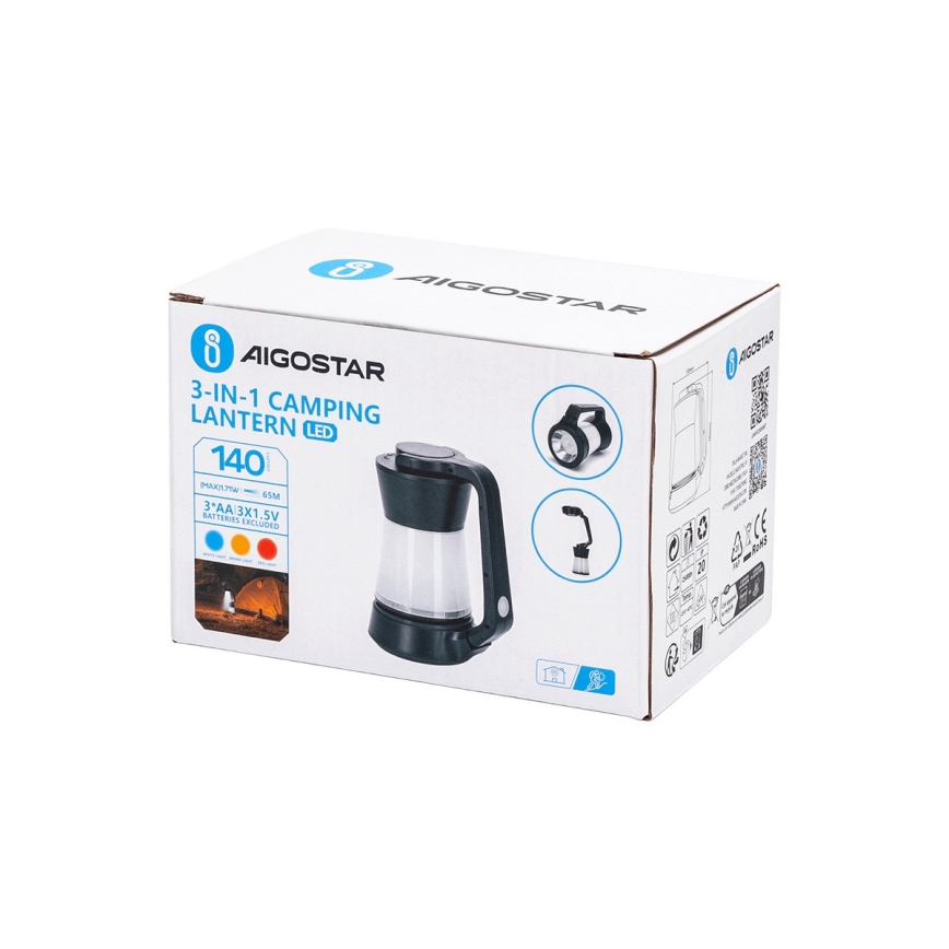 Aigostar - LED ліхтарик з регулюванням яскравості для кемпінгу 3в1 LED/3xAA чорний