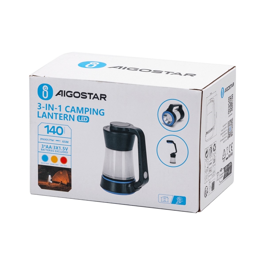 Aigostar - LED ліхтарик з регулюванням яскравості для кемпінгу 3в1 LED/3xAA чорний/синій