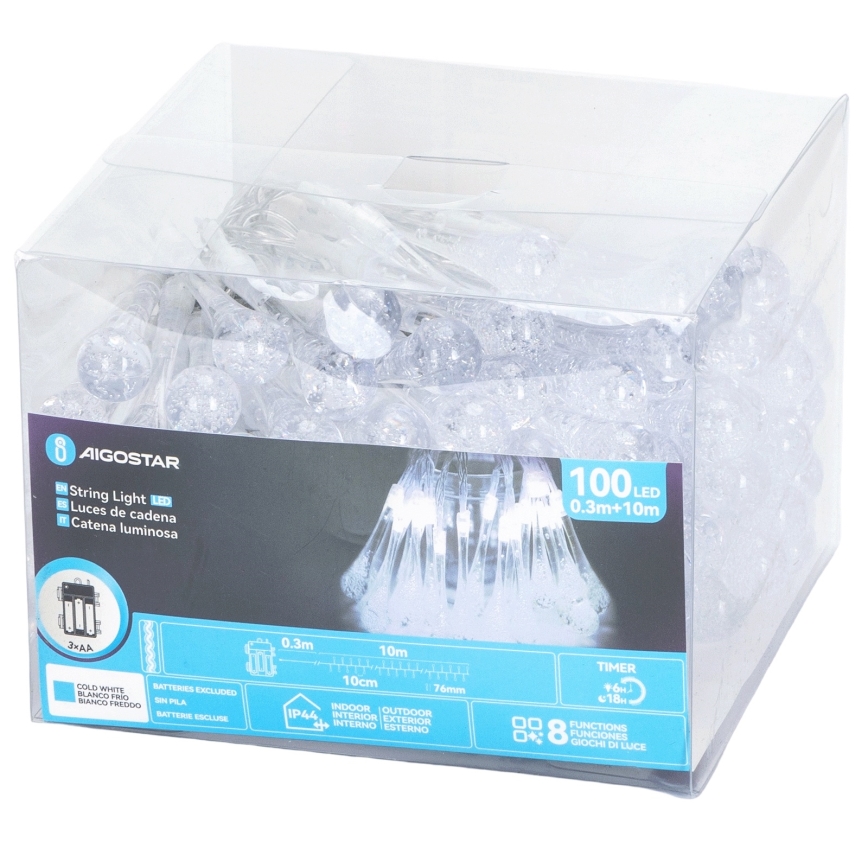 Aigostar - LED уличная рождественская гирлянда 100xLED/8 режимов 3xAA 10m IP44 холодный белый капли