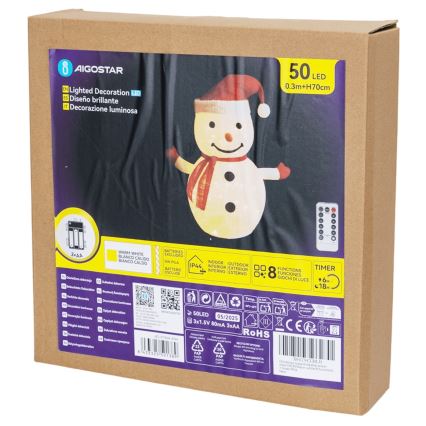 Aigostar - рождественская уличная LED-декорация 50xLED/3xAA 0,7m IP44 снеговик + пульт дистанционного управления