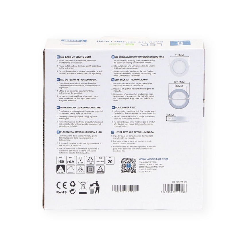 Aigostar - LED потолочный накладной светильник LED/6W/230V Ø 12,3 см 6500K белый