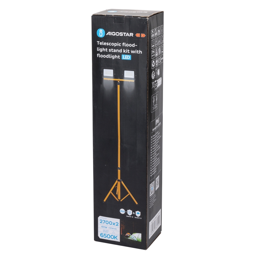 Aigostar - LED-прожектор со штативом 2×LED/30 Вт/230 В 6500K IP65 оранжевый/чёрный