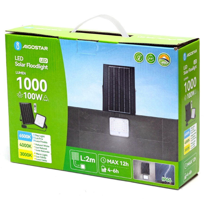 Aigostar - LED Прожектор з регулюванням яскравості на сонячній батареї LED/100W/3,4V 3000/4000/6500K IP66 + пульт дистанційного керування