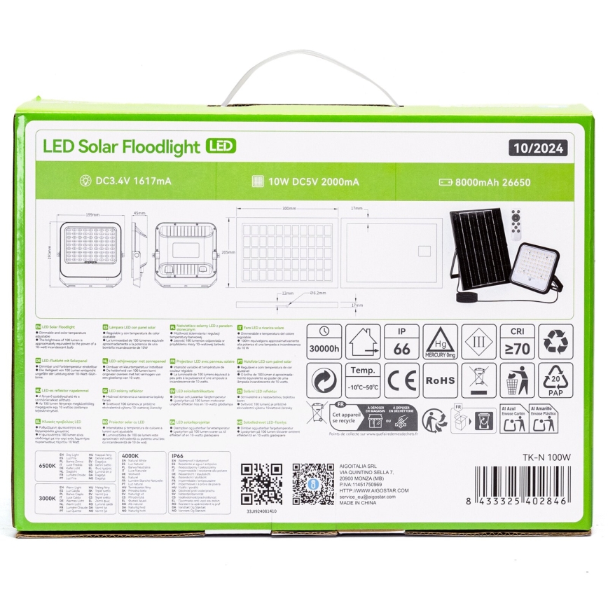 Aigostar - LED Прожектор з регулюванням яскравості на сонячній батареї LED/100W/3,4V 3000/4000/6500K IP66 + пульт дистанційного керування