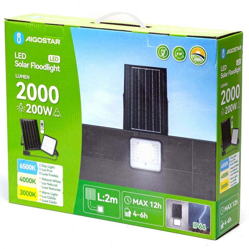 Aigostar - LED Прожектор з регулюванням яскравості на сонячній батареї LED/200W/3,4V 3000/4000/6500K IP66 + пульт дистанційного керування