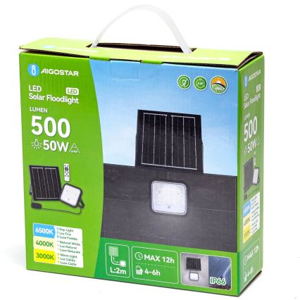 Aigostar - LED Прожектор з регулюванням яскравості на сонячній батареї LED/50W/3,4V 3000/4000/6500K IP66 + пульт дистанційного керування