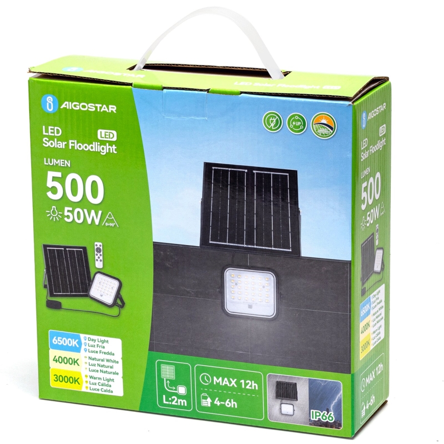 Aigostar - LED Прожектор з регулюванням яскравості на сонячній батареї LED/50W/3,4V 3000/4000/6500K IP66 + пульт дистанційного керування
